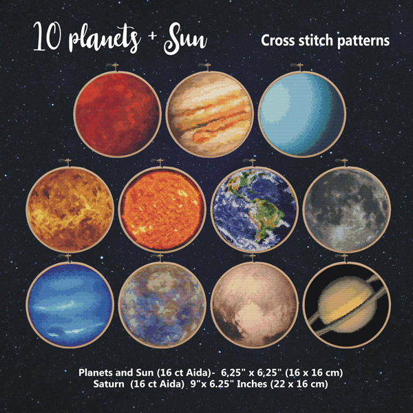 Solar System Cross Stitch Patterns, 11 Planets Galaxy Universe Embroidery (PDF Download)