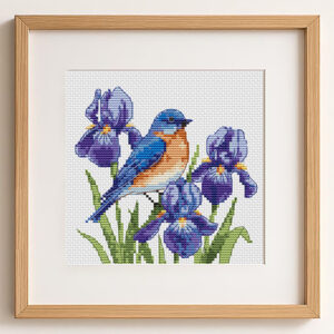 Bluebird with Irises Cross Stitch Pattern PDF | Bird & Purple Flowers Cross Stitch Chart