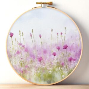 Purple Spring Flowers Printed Aida Cloth